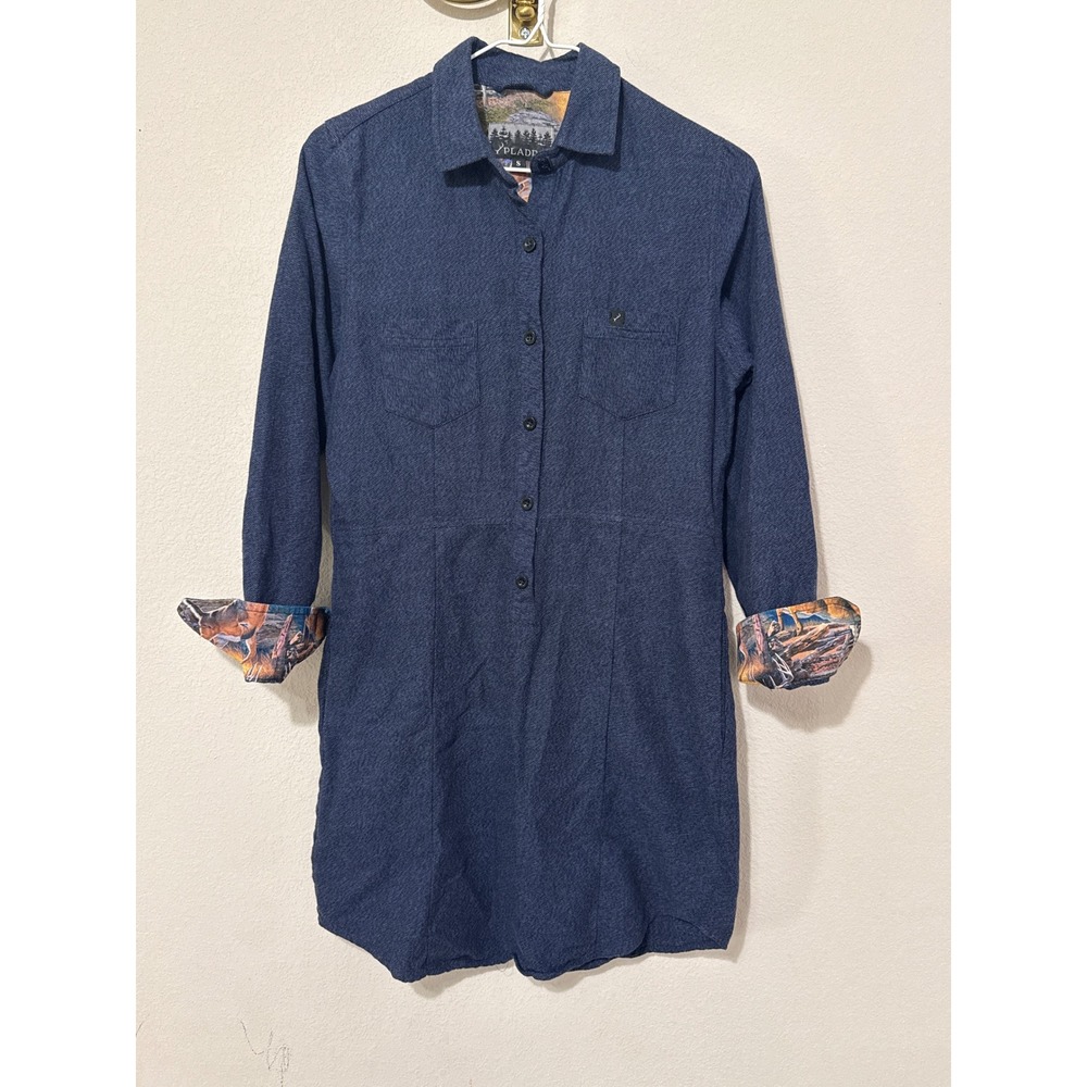 Pladra Shirt Dress Womens S Blue Flannel Deer Print Cuff Outdoor Gorpcore